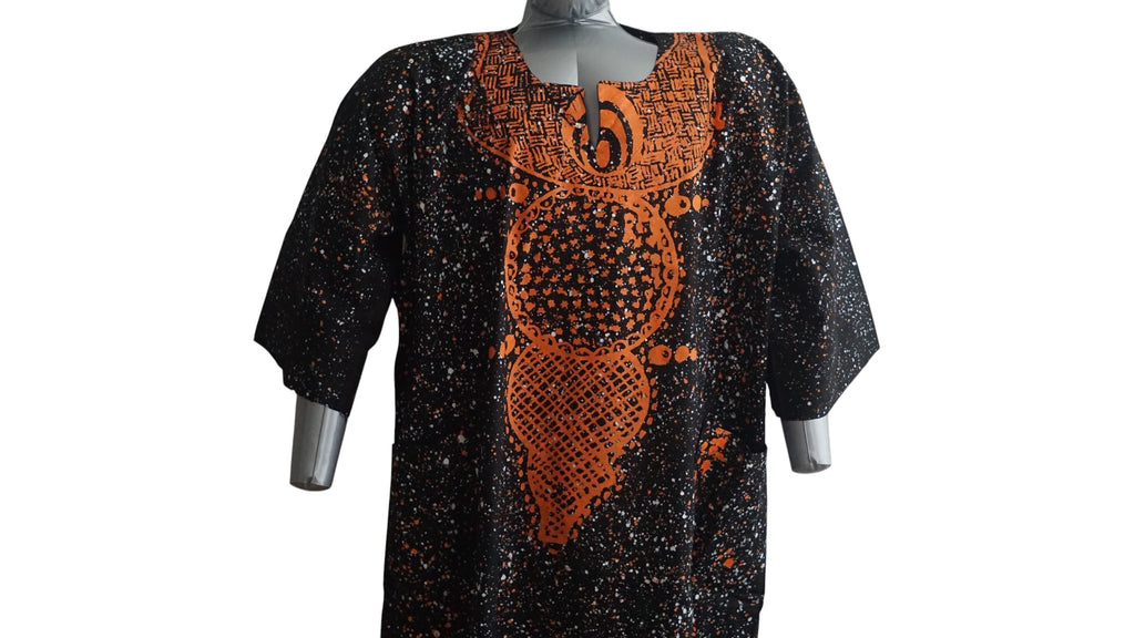Nigeria Batik Kaftan for Women. Size XL Color Black/Orange