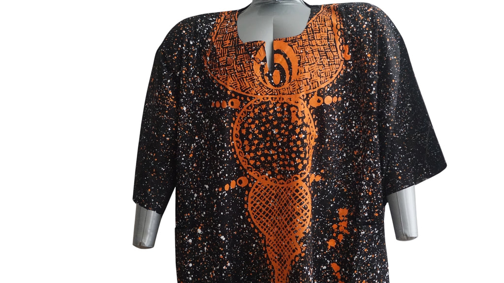 Nigeria Batik Kaftan for Women. Size XL Color Black/Orange