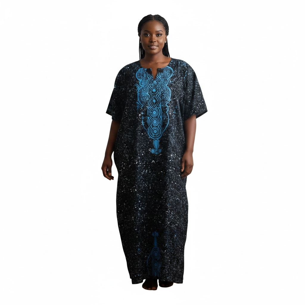 Nigeria Batik Kaftan for Women. Size L Color Black/Blue