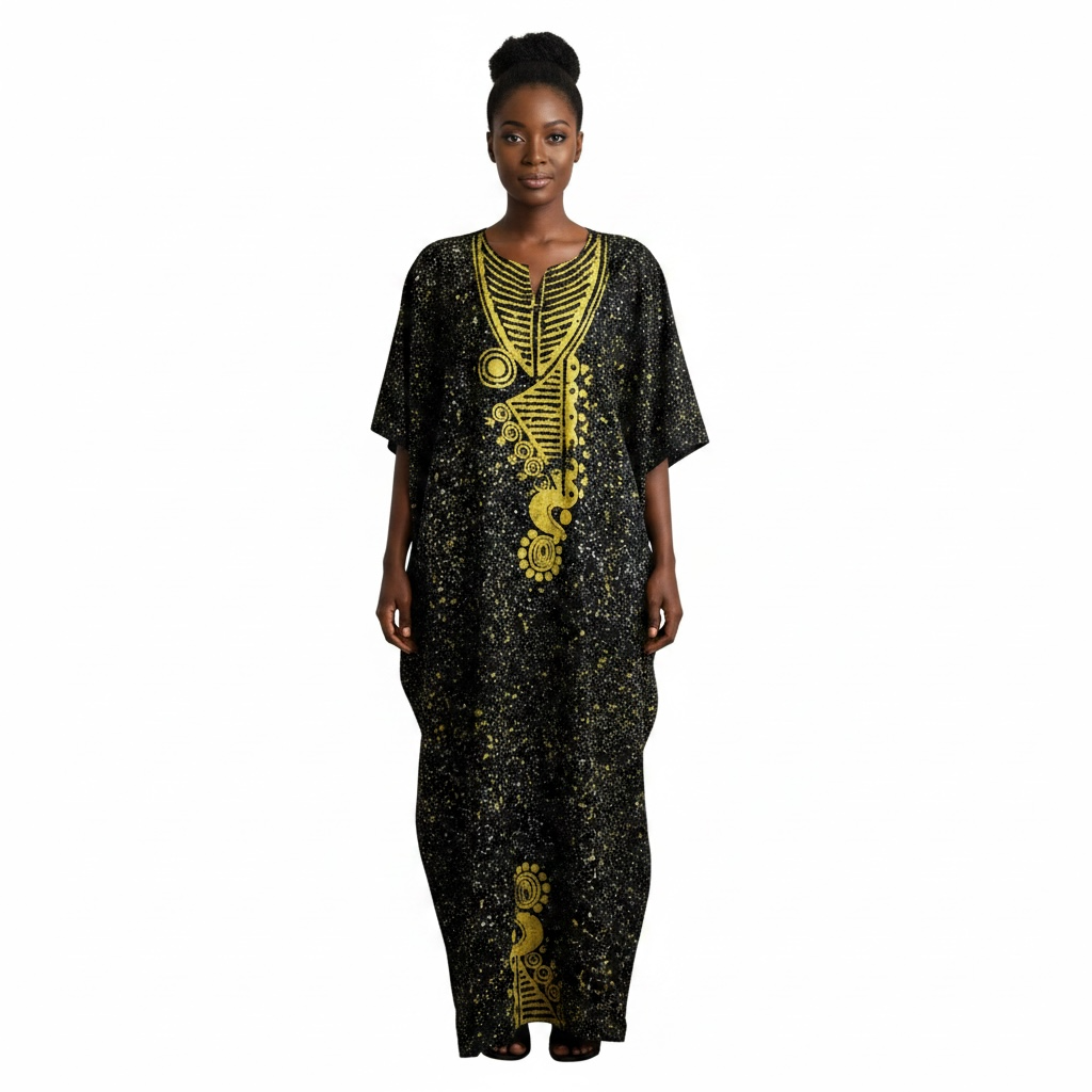 Nigeria Batik Kaftan for Women. Size L Color Black/Yellow
