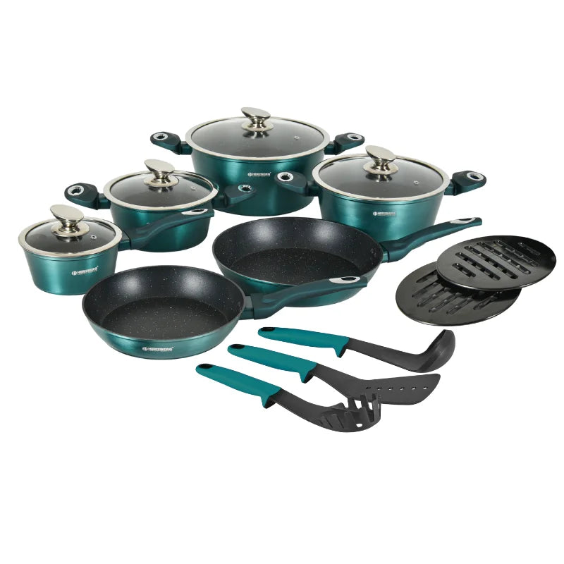 Herzberg HG-METRD15: 15 Pieces Marble Coated Cookware Set - Green