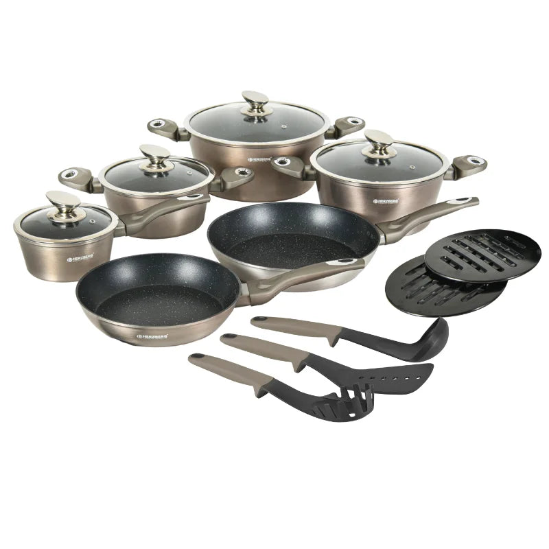 Herzberg HG-METRD15: 15 Pieces Marble Coated Cookware Set - Carbon