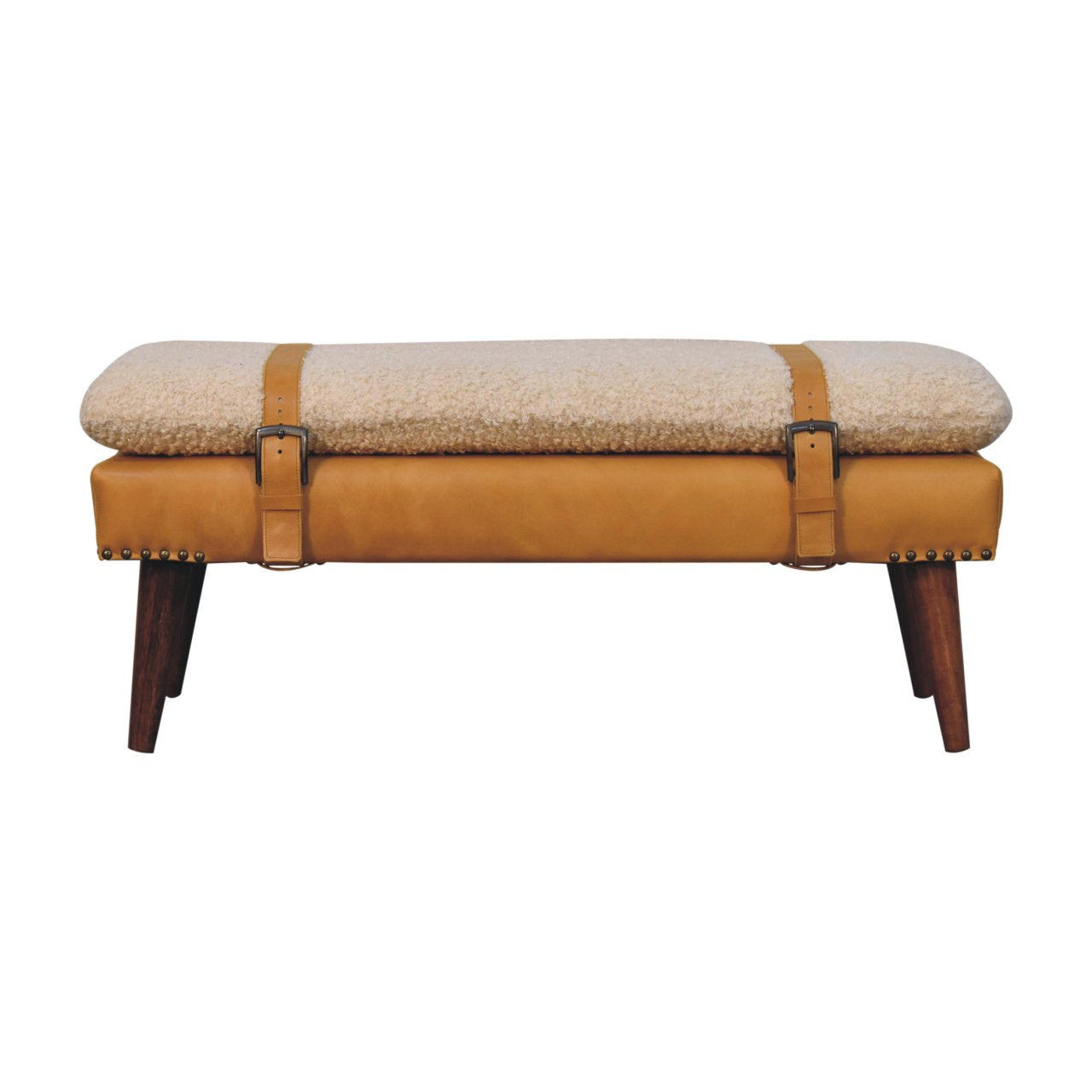 Boucle x Tan Leather Bench - Lead time 12 weeks