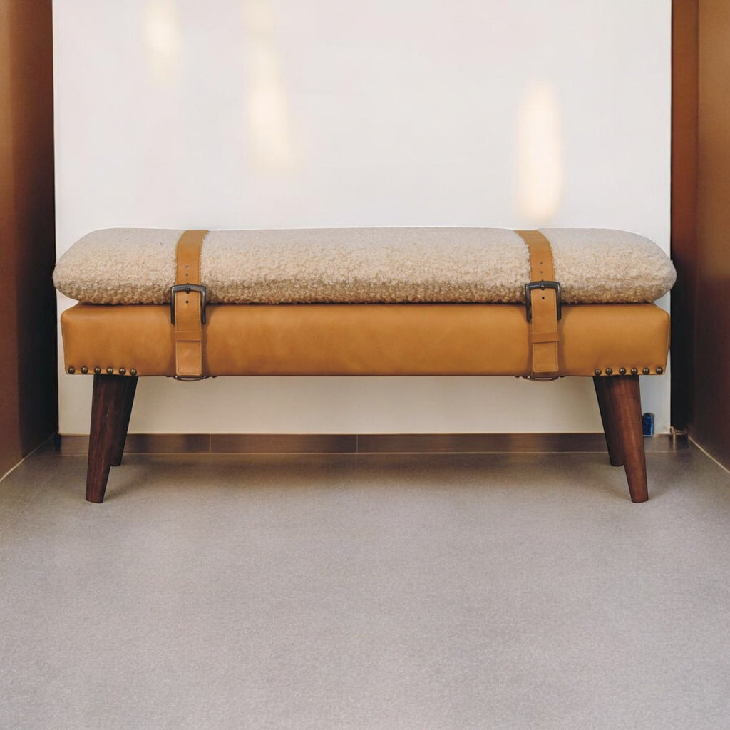 Boucle x Tan Leather Bench - Lead time 12 weeks