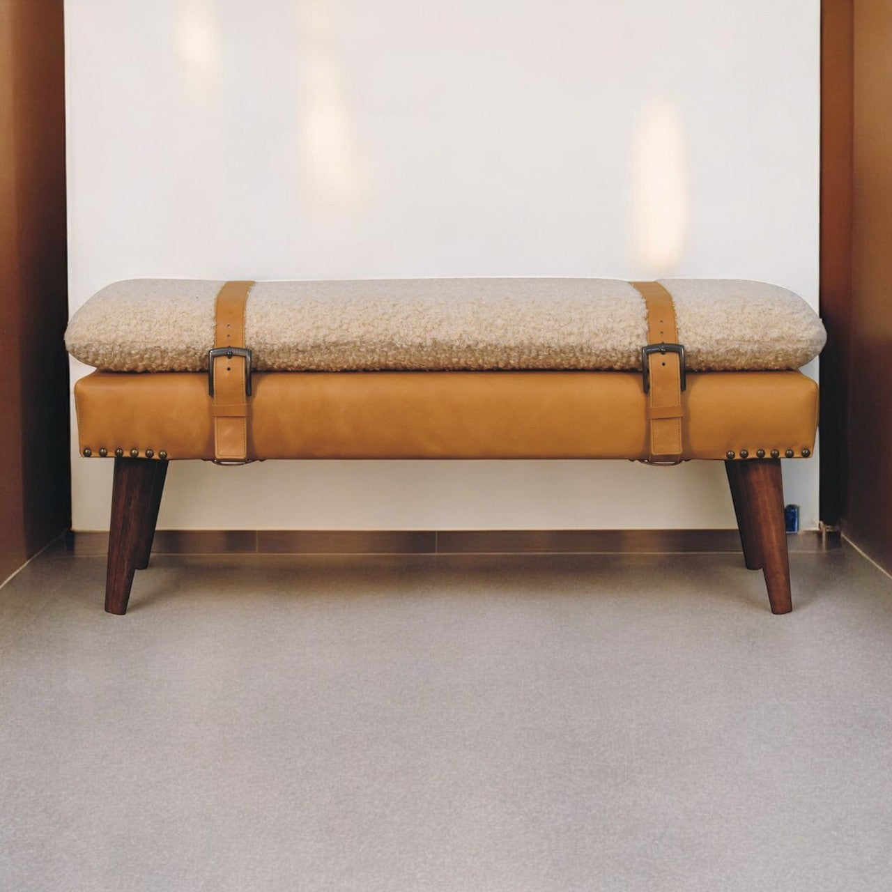 Boucle x Tan Leather Bench - Lead time 12 weeks