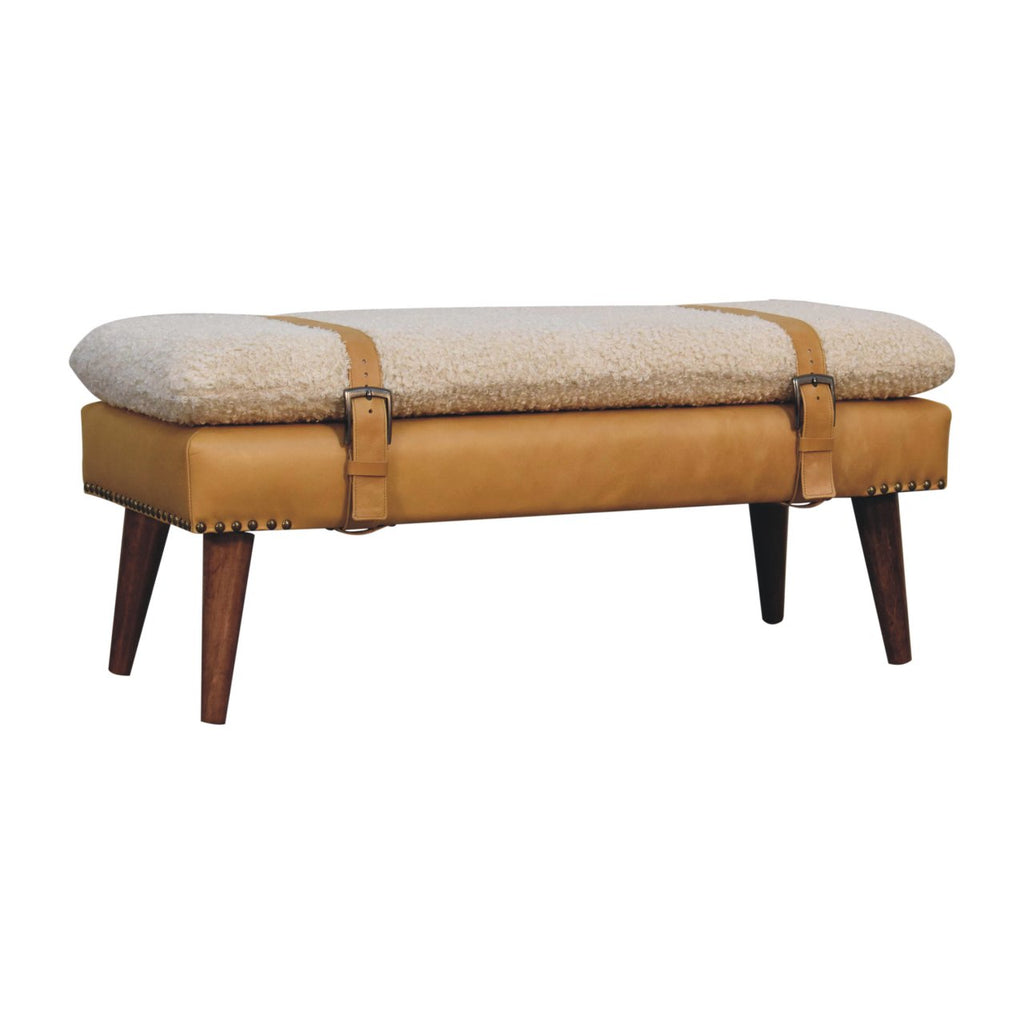 Boucle x Tan Leather Bench - Lead time 12 weeks