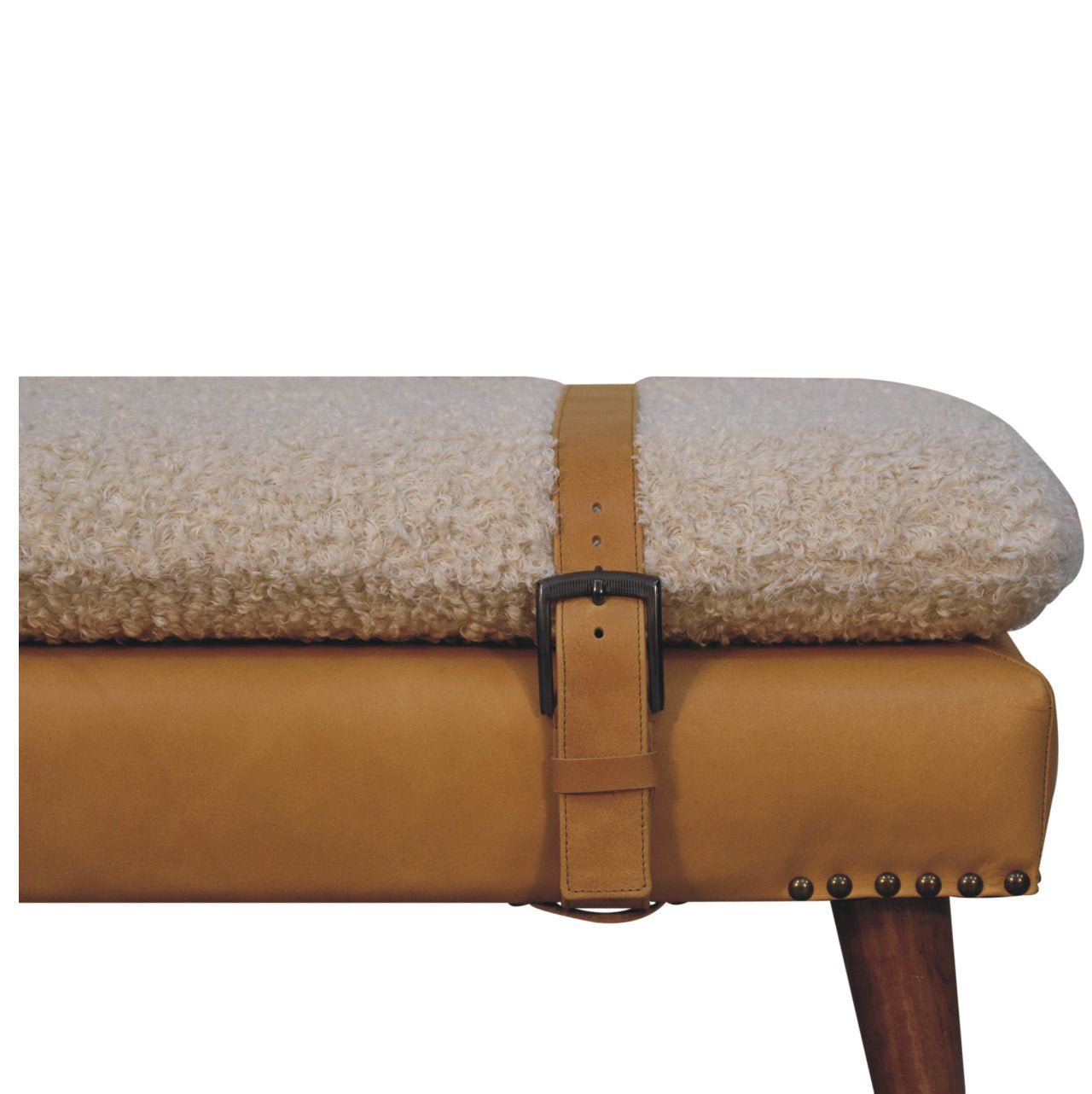 Boucle x Tan Leather Bench - Lead time 12 weeks