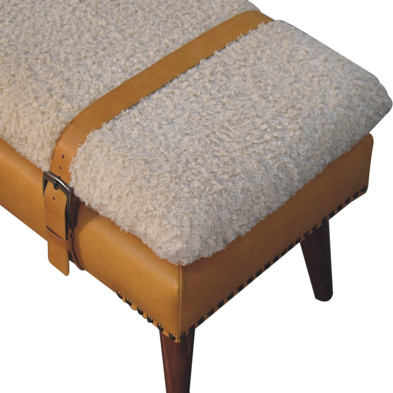 Boucle x Tan Leather Bench - Lead time 12 weeks