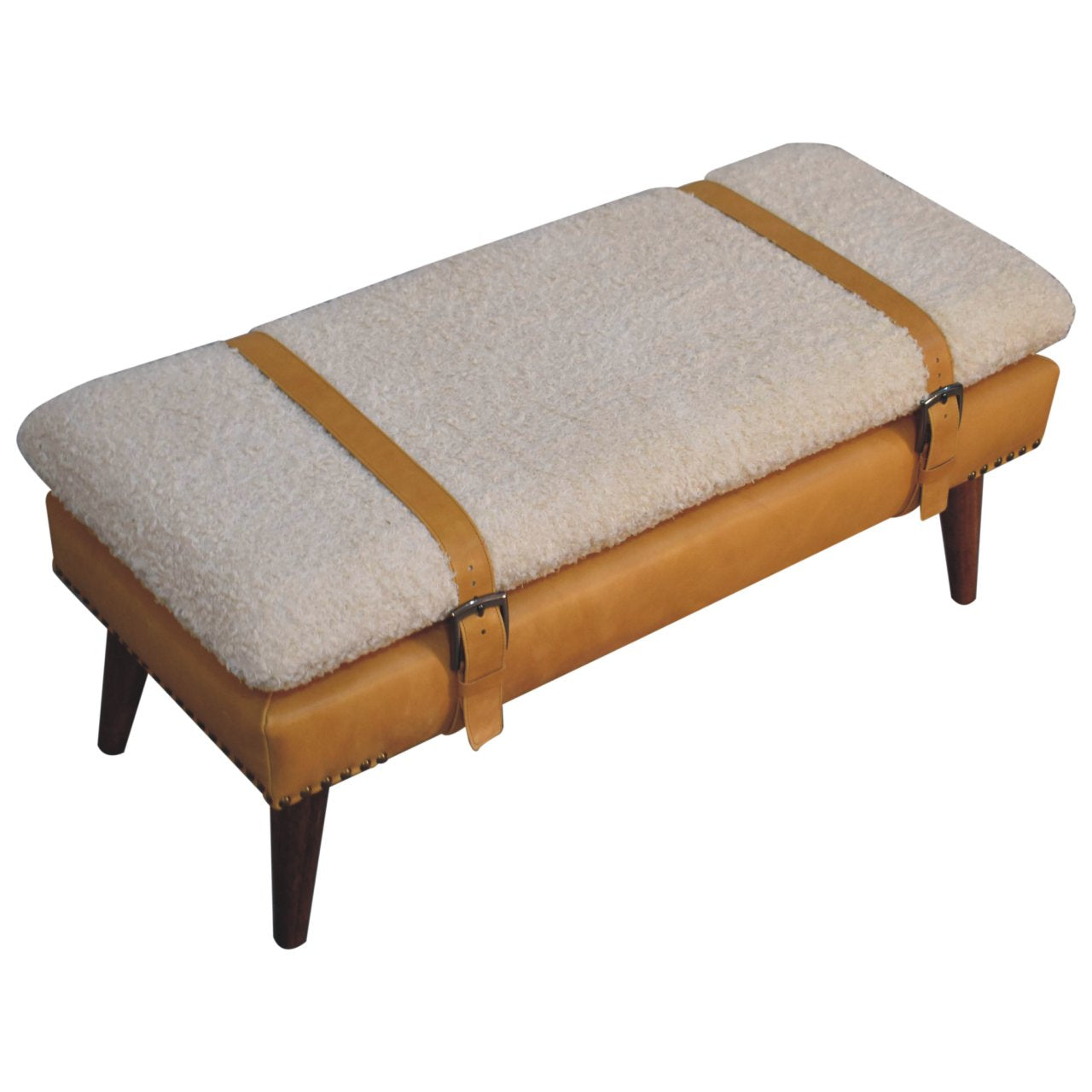 Boucle x Tan Leather Bench - Lead time 12 weeks