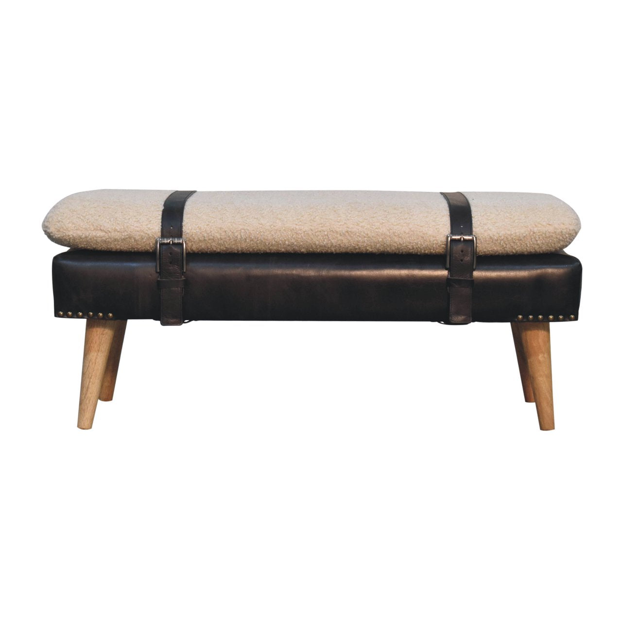 Bouclé Buffalo Hide Black Leather Bench - 9 in stock
