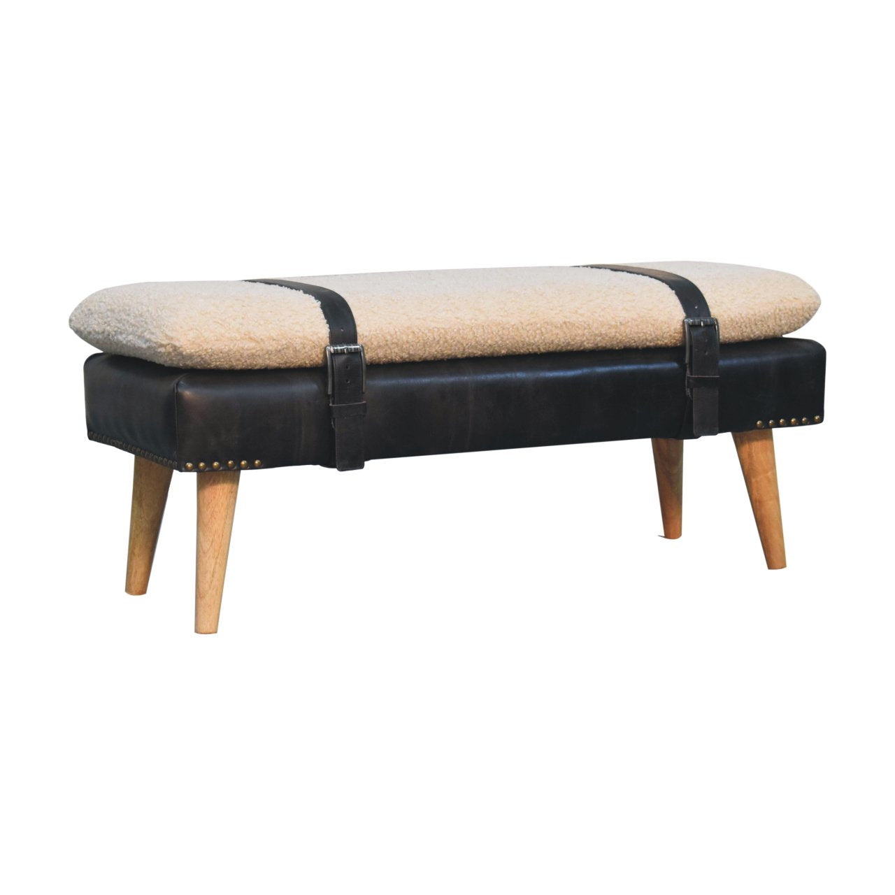 Bouclé Buffalo Hide Black Leather Bench - 9 in stock