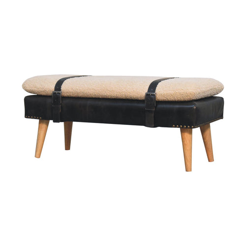 Bouclé Buffalo Hide Black Leather Bench - 9 in stock