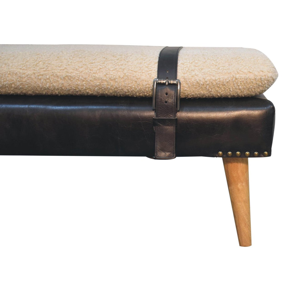 Bouclé Buffalo Hide Black Leather Bench - 9 in stock