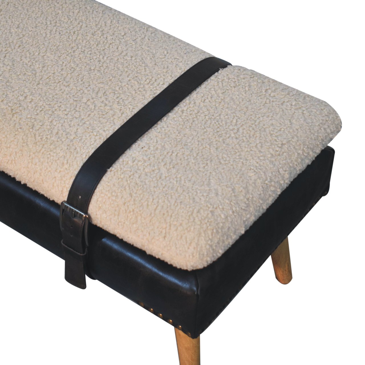 Bouclé Buffalo Hide Black Leather Bench - 9 in stock