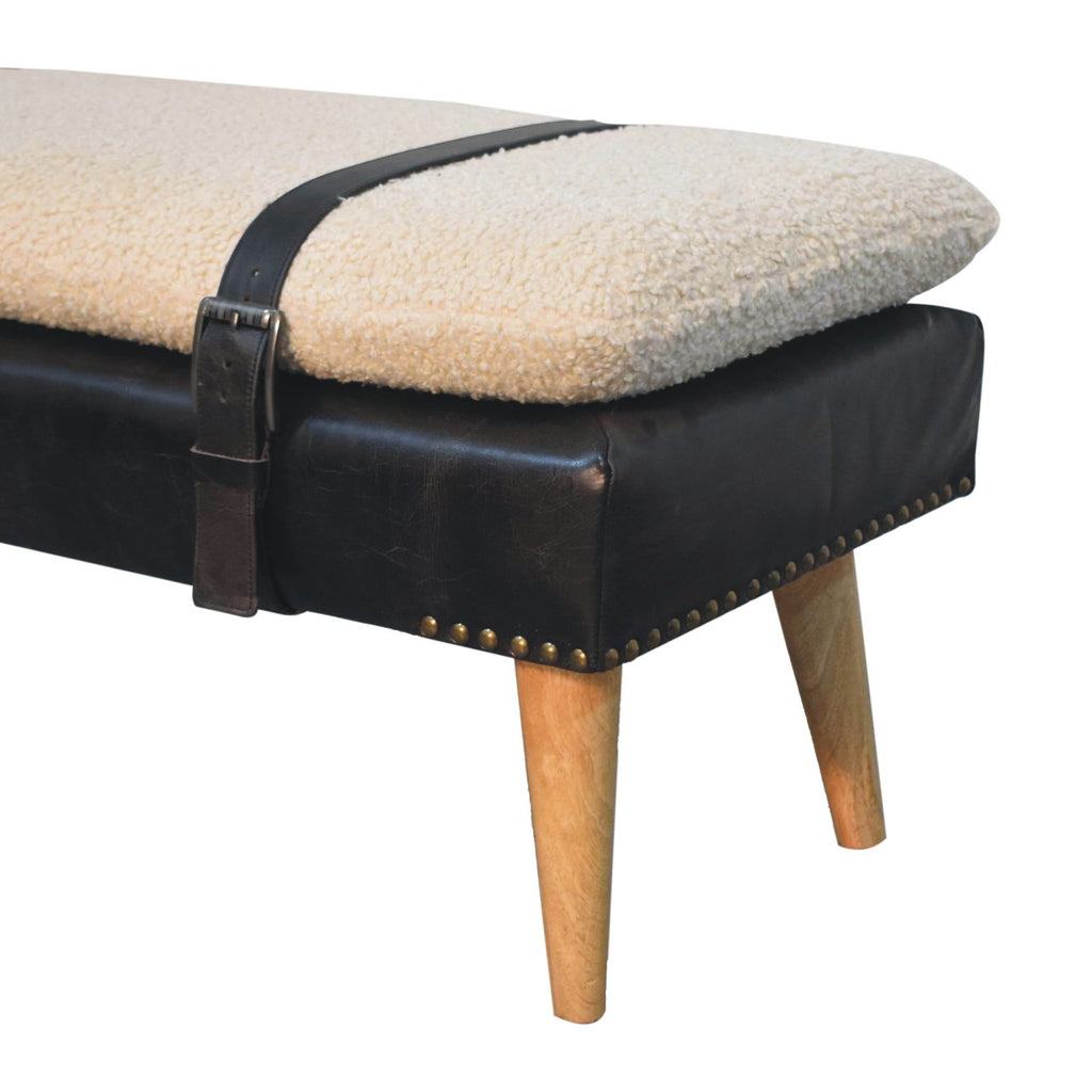 Bouclé Buffalo Hide Black Leather Bench - 9 in stock
