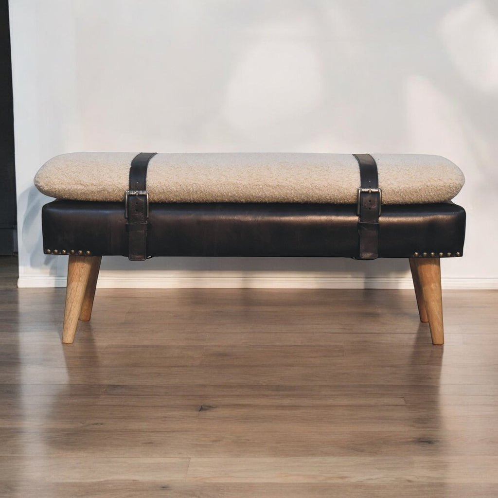 Bouclé Buffalo Hide Black Leather Bench - 9 in stock