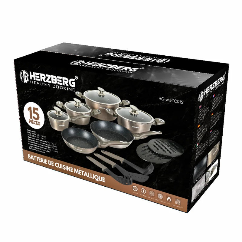 Herzberg HG-METRD15: 15 Pieces Marble Coated Cookware Set - Carbon