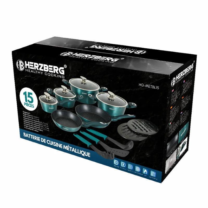 Herzberg HG-METRD15: 15 Pieces Marble Coated Cookware Set - Green