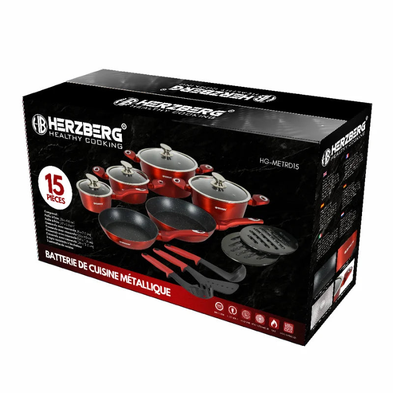 Herzberg HG-METRD15: 15 Pieces Marble Coated Cookware Set - Red