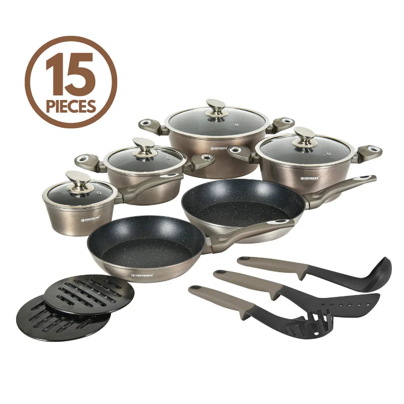 Herzberg HG-METRD15: 15 Pieces Marble Coated Cookware Set - Carbon