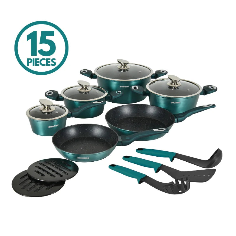 Herzberg HG-METRD15: 15 Pieces Marble Coated Cookware Set - Green
