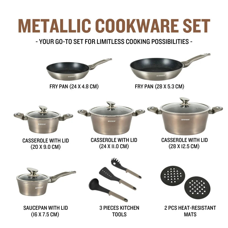 Herzberg HG-METRD15: 15 Pieces Marble Coated Cookware Set - Carbon