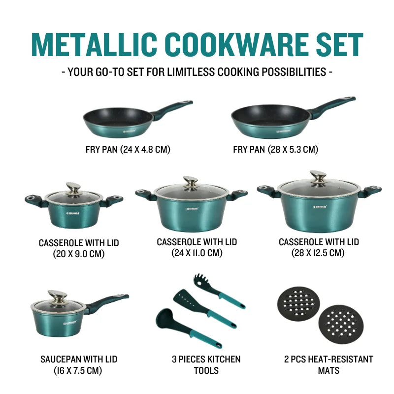 Herzberg HG-METRD15: 15 Pieces Marble Coated Cookware Set - Green