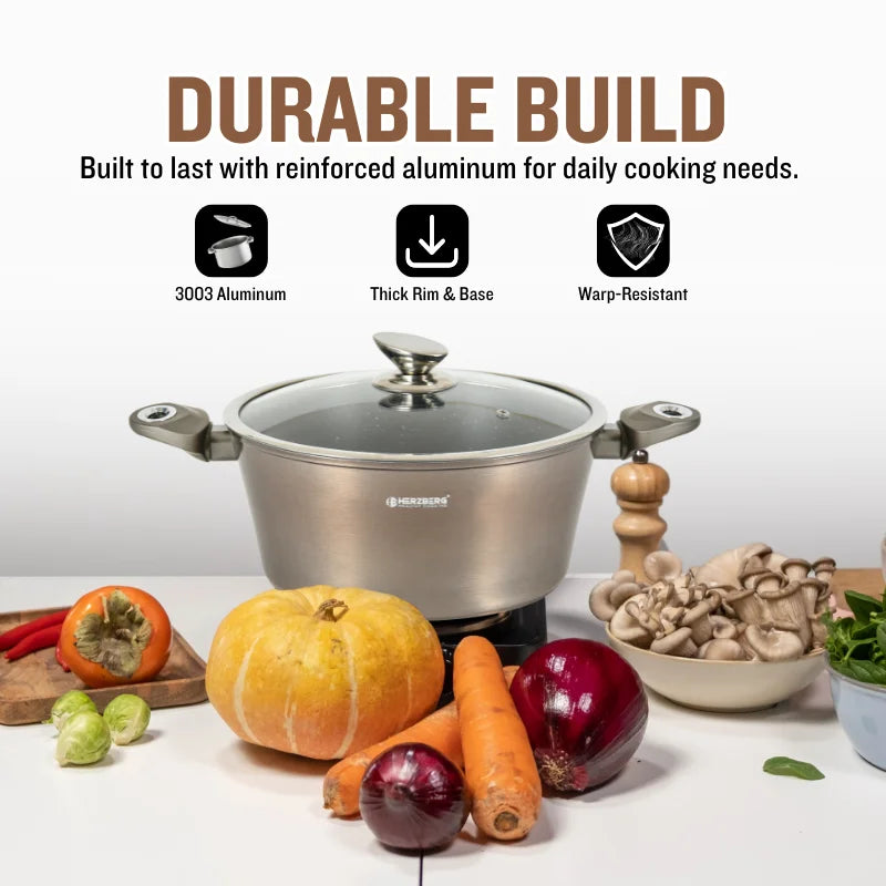 Herzberg HG-METRD15: 15 Pieces Marble Coated Cookware Set - Carbon