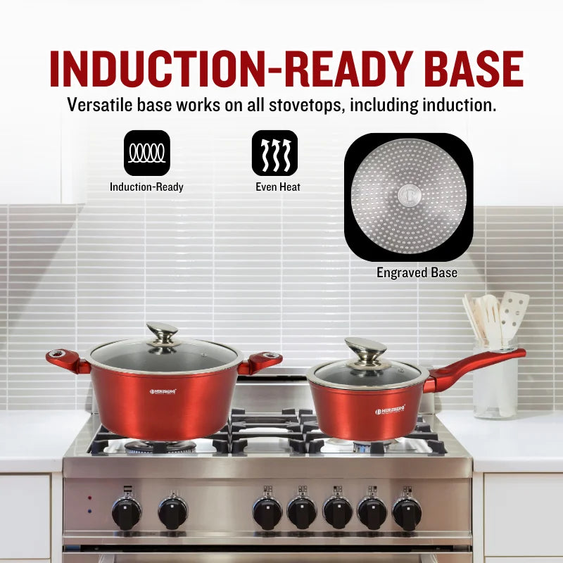 Herzberg HG-METRD15: 15 Pieces Marble Coated Cookware Set - Red