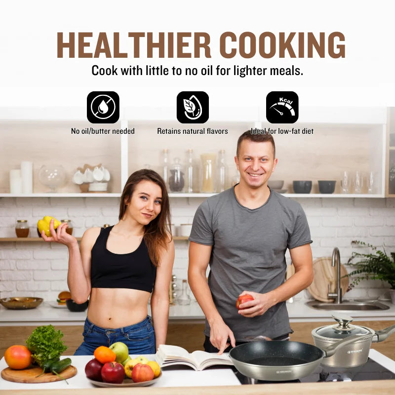 Herzberg HG-METRD15: 15 Pieces Marble Coated Cookware Set - Carbon