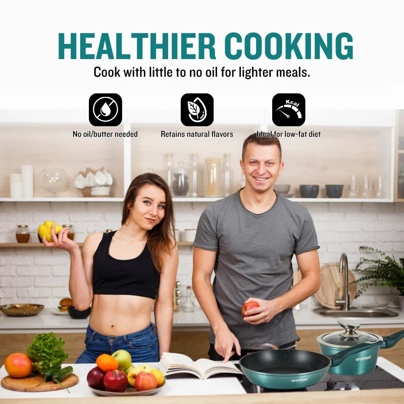 Herzberg HG-METRD15: 15 Pieces Marble Coated Cookware Set - Green