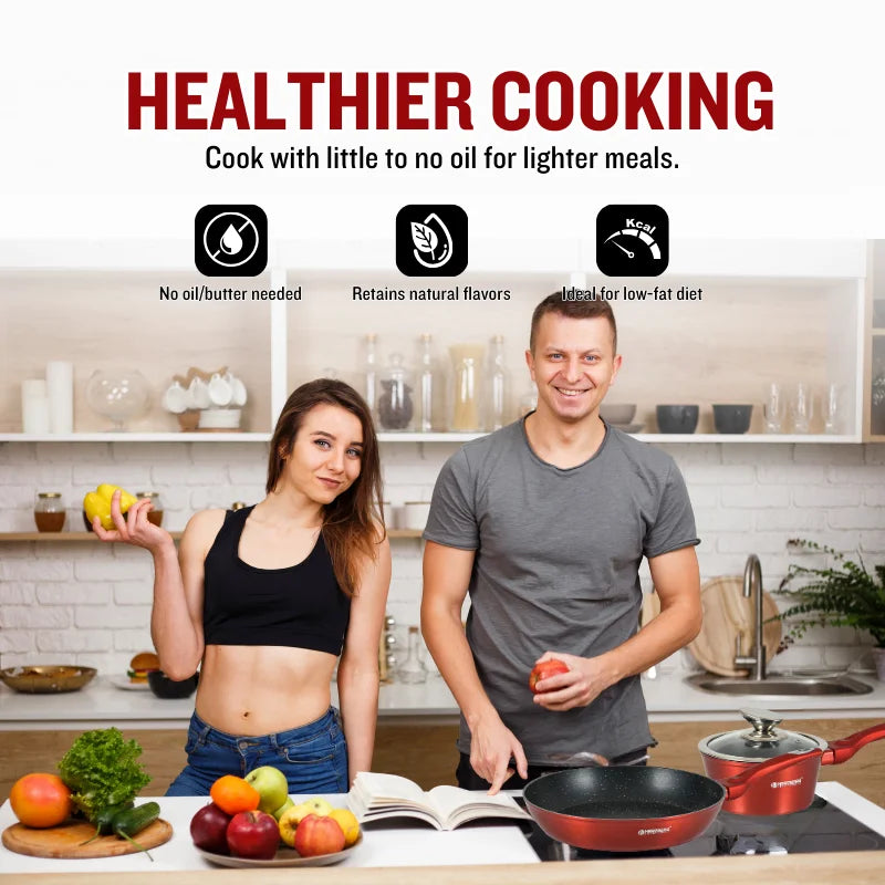 Herzberg HG-METRD15: 15 Pieces Marble Coated Cookware Set - Red
