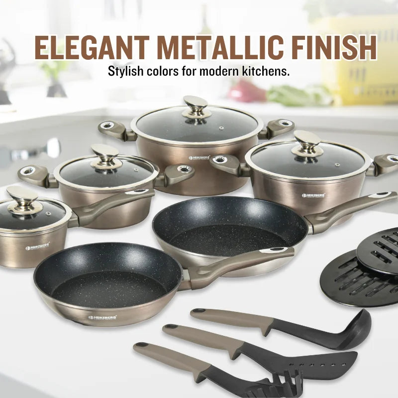Herzberg HG-METRD15: 15 Pieces Marble Coated Cookware Set - Carbon