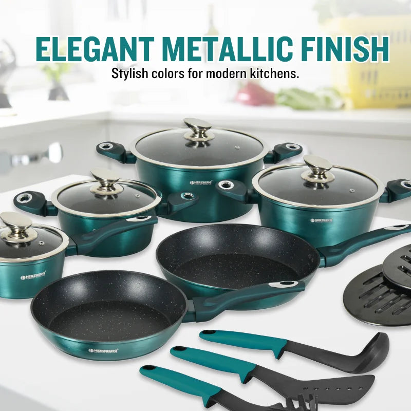 Herzberg HG-METRD15: 15 Pieces Marble Coated Cookware Set - Green