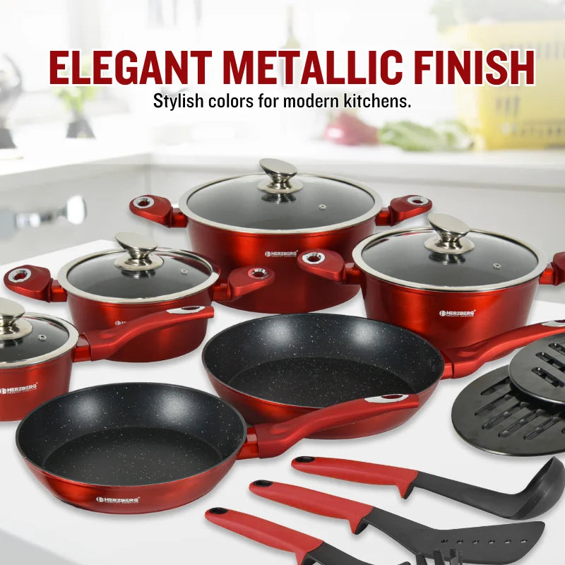 Herzberg HG-METRD15: 15 Pieces Marble Coated Cookware Set - Red