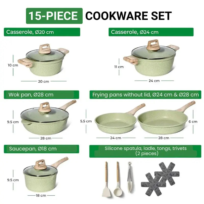 Just Perfecto JL-787: 15 Pieces Granite Cookware Set - Green