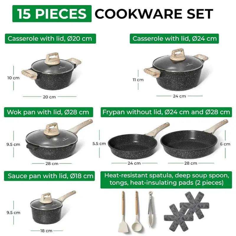 Just Perfecto JL-787: 15 Pieces Granite Cookware Set - Black